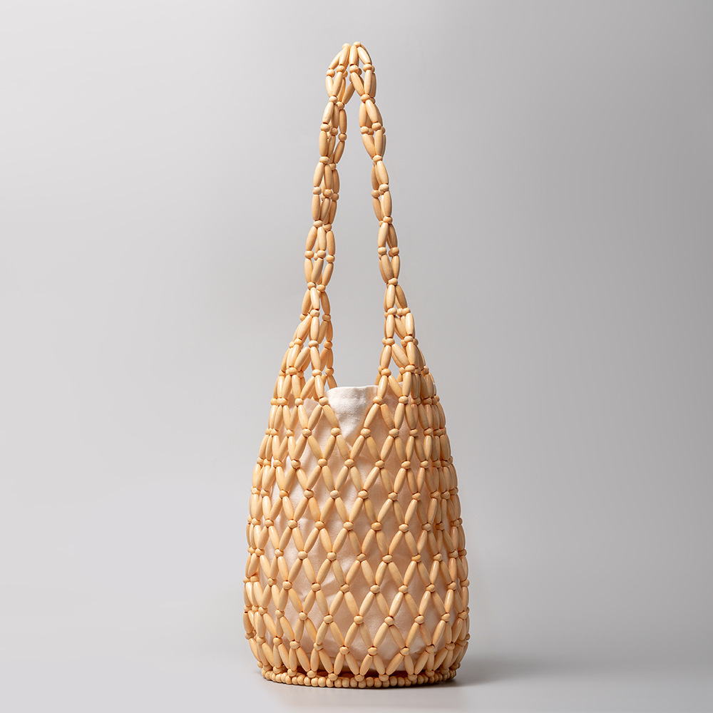 Sac à main tissé pour femmes, d'été, fourre-tout en perles de bois ajourées, sac à bandoulière seau, sac à main de plage en toile filet réticulé: Beige