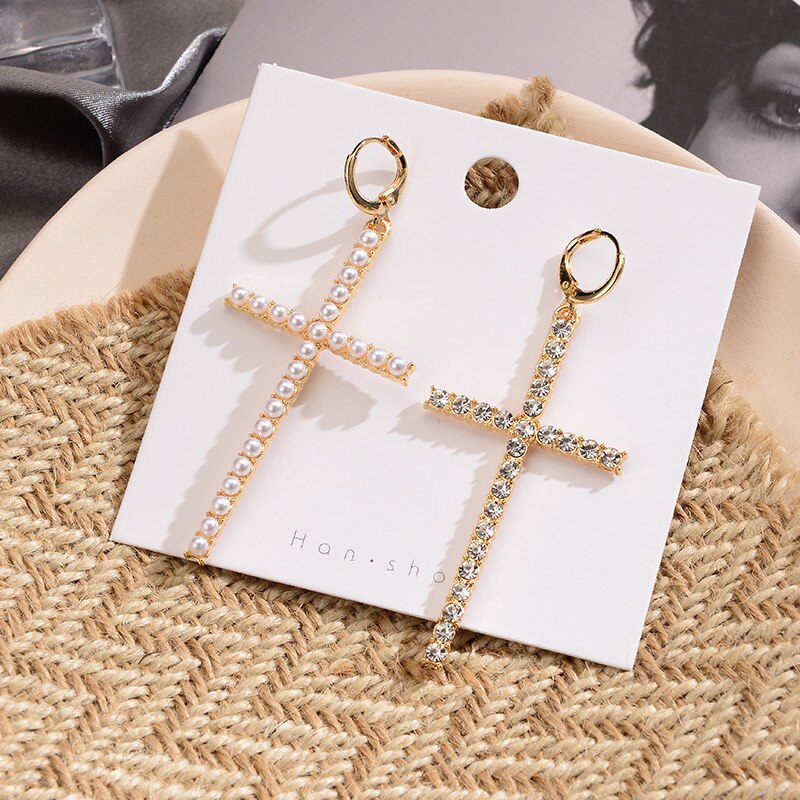 Trendy Minimalistische Zirkoon Oorbellen Voor Vrouwen Eenvoudige Geometrische Cross Gouden Oorbellen Meisjes Strass Hanger Mujer Sieraden