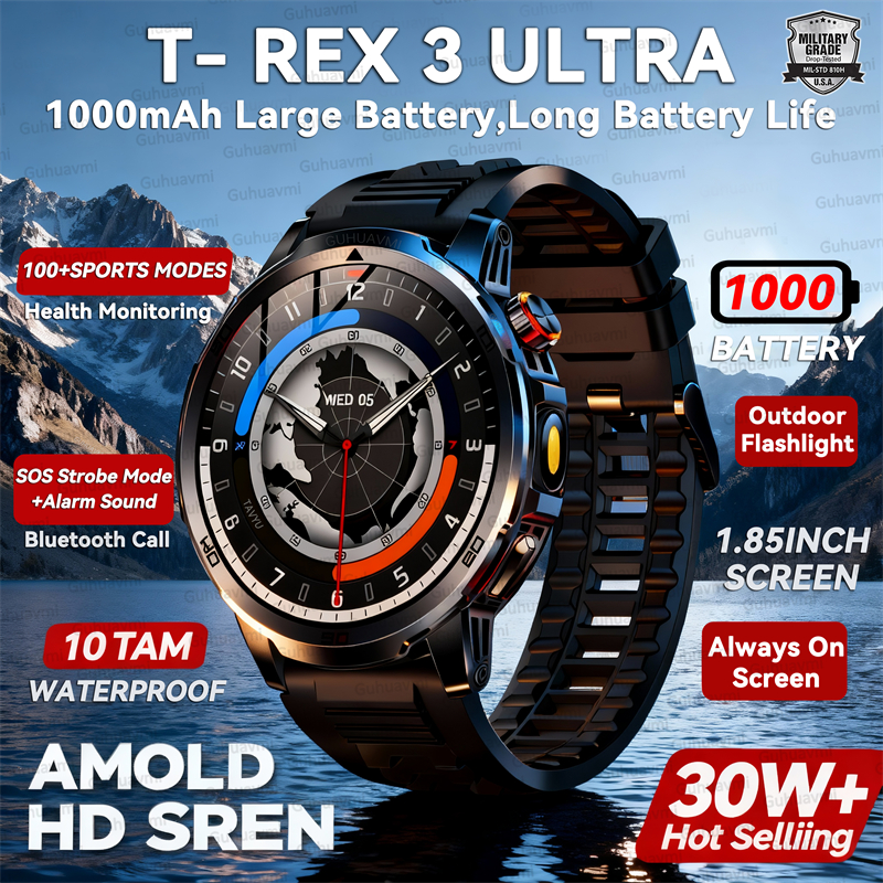 2026nuovo T-REX3 Astuto Della Vigilanza fitness Orologio 1000mAh Batteria di Grandi Dimensioni 10ATM Torcia Elettrica Impermeabile BT Chiamata di fitness Uomini sport Smartwatch
