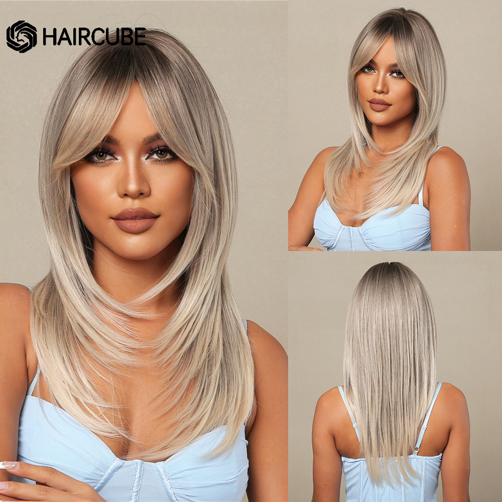 HAIRCUBE Brown Highlight Synthetic Wigs Long Straight Wigs With Bangs for Women Natural Hair Cosplay Heat Resistant Fiber Wigs