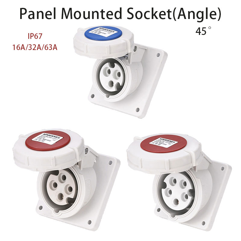 Industrial Socket Angle 45° 16A 32A 63A 3 pole 4 pole 5 pole ip67 Panel Mounted Socket Waterproof 220V 380V 415V