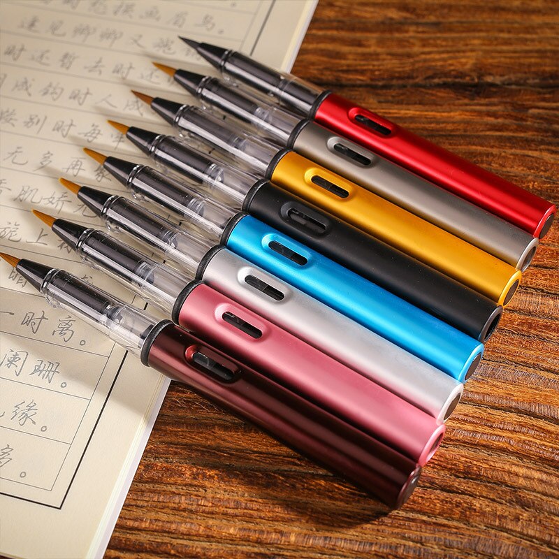8 Colors Set Metal Calligraphy Pen Soft Hair Absorbent Writing Brush Watercolor Painting Tool School Office Supply Stationery