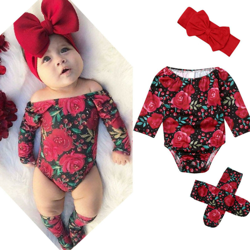 Newborn Kid Baby Girl Floral Clothes Off Shoulder Romper Socks Headband Outfit