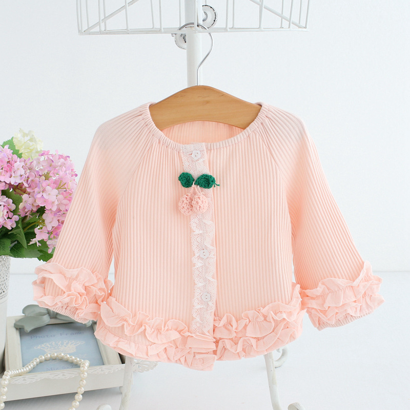 5pcs/lot Baby children clothing spring kids clothes long-sleeve lace girls blouses baby shirt 0-2T pink white: Pink