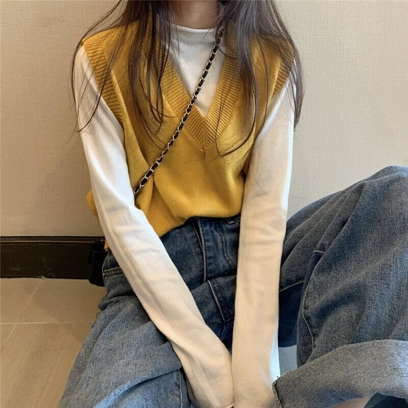 Otoño chaleco tejido cuello pico Mujer invierno suéter Chaleco Corto sin mangas suéter: YELLOW
