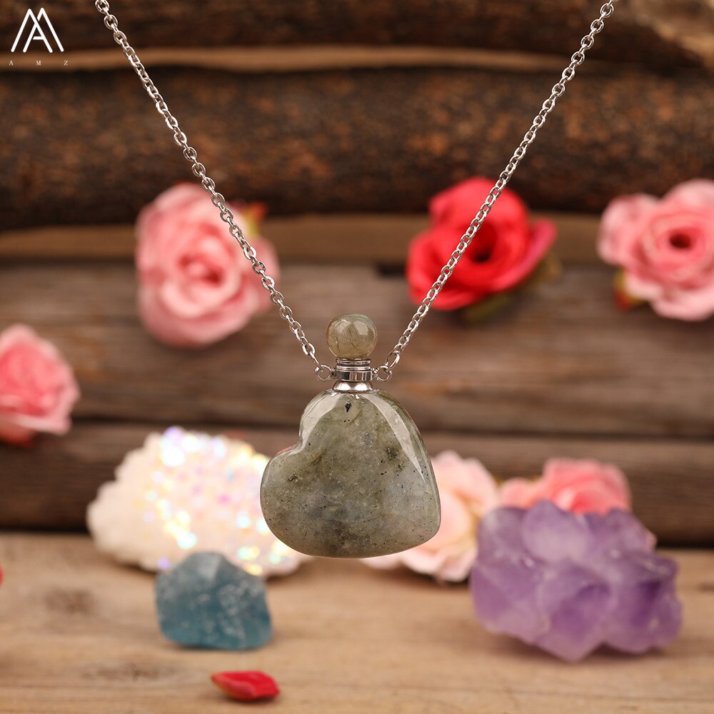 Arco-íris labradorite garrafa de óleo essencial perfume garrafa pingente colar moda feminina coração gem pedra jóias presente dropship: COR DE OURO ROSA
