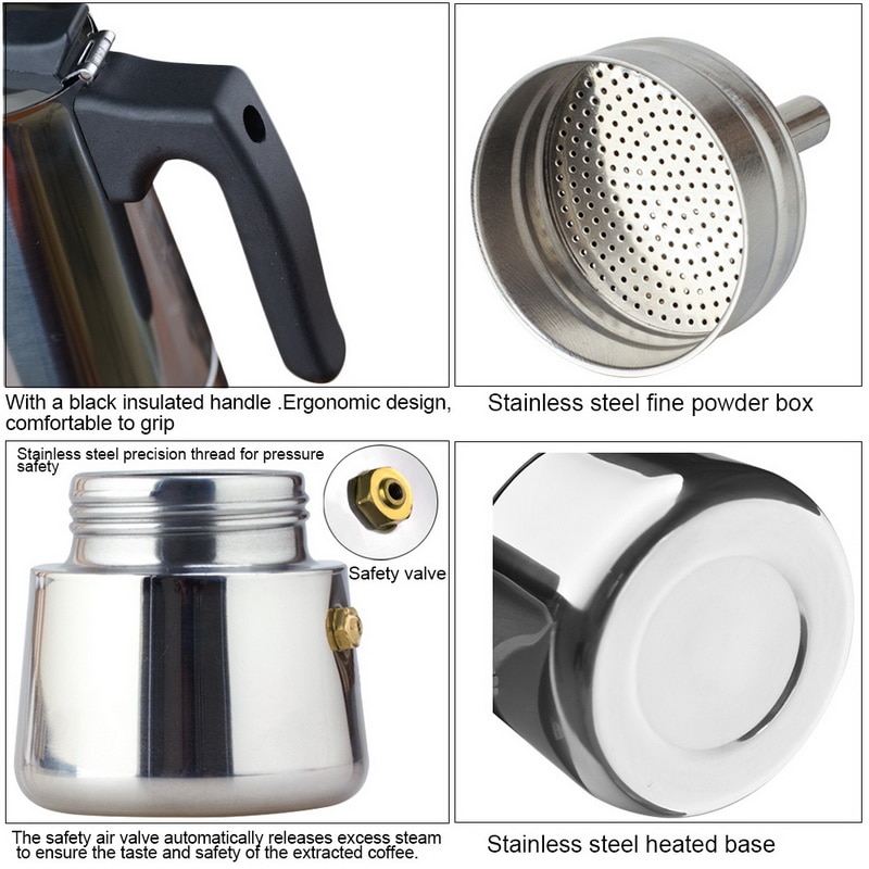 Rustfrit stål kedel kaffe brygger kedel pot bærbar espresso kaffemaskine moka pot pro barista 100ml/200ml/300ml/450ml#9