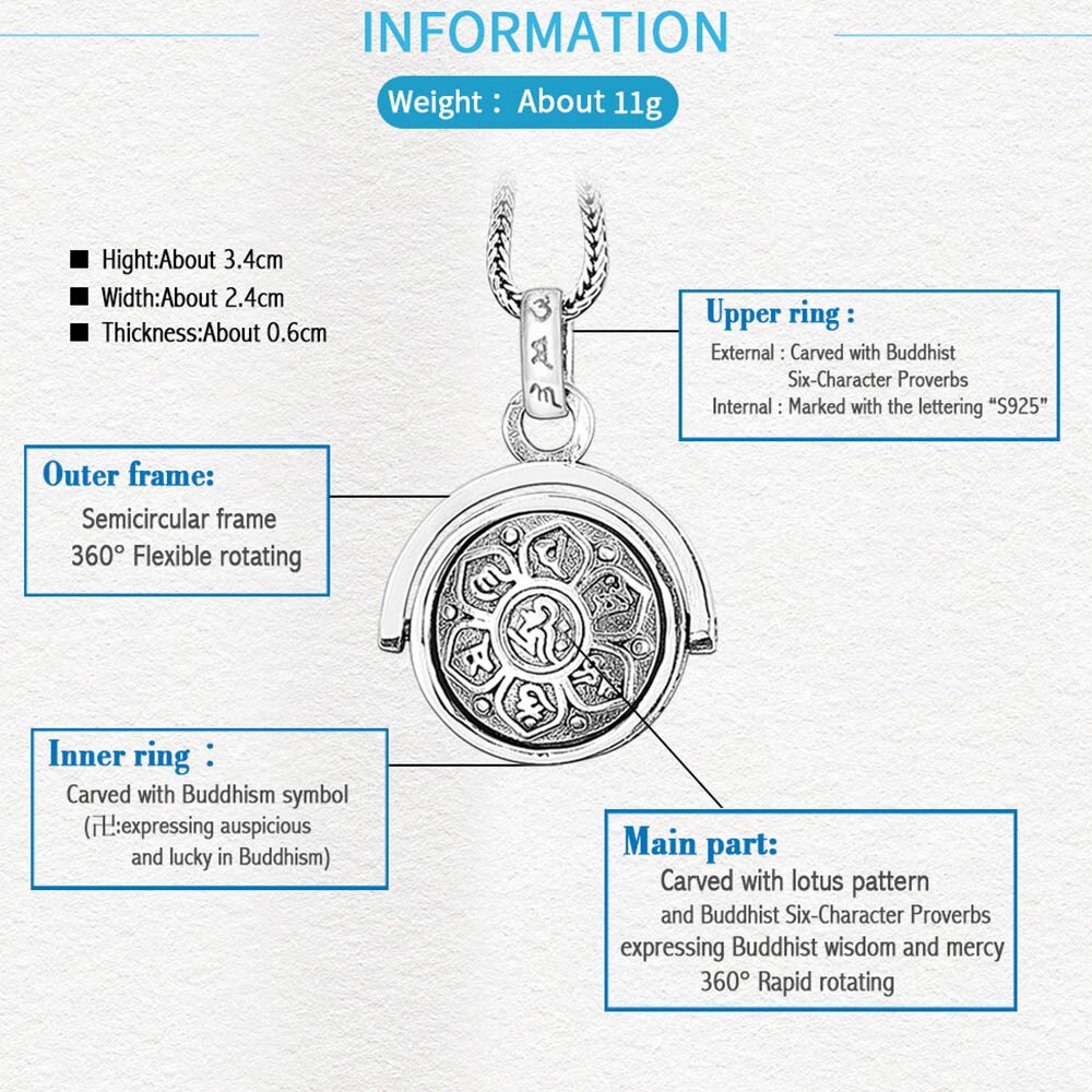 Balmora 925 Sterling Zilveren Boeddhisme Spinner Roterende Charm Hangers &amp; Ketting Voor Mannen Vrouwen Mode Zes Words&#39; Sutra Sieraden