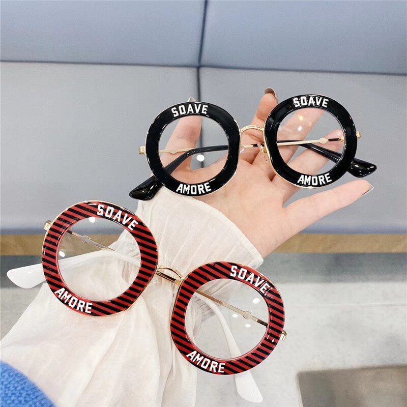 Nuevas gafas redondas transparentes Galsses para mujer, montura de Metal a la para estudiantes, gafas ópticas con letras de personalidad a rayas, gafas informales de gran tamaño