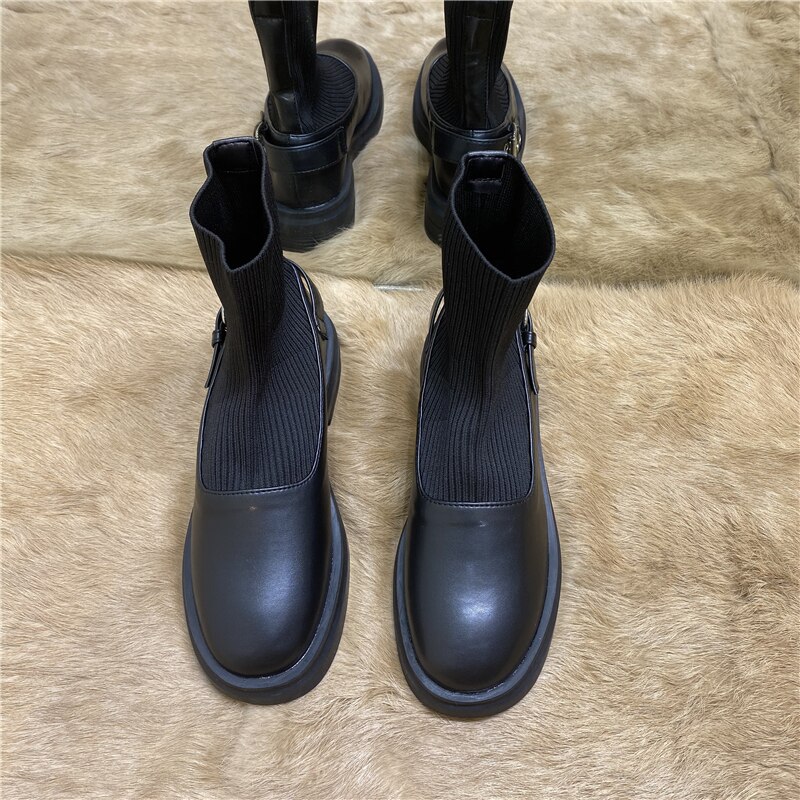 DEAT printemps automne décontracté noir élastique court à semelles épaisses chaussettes en cuir unique chaussures femmes SF388: 37