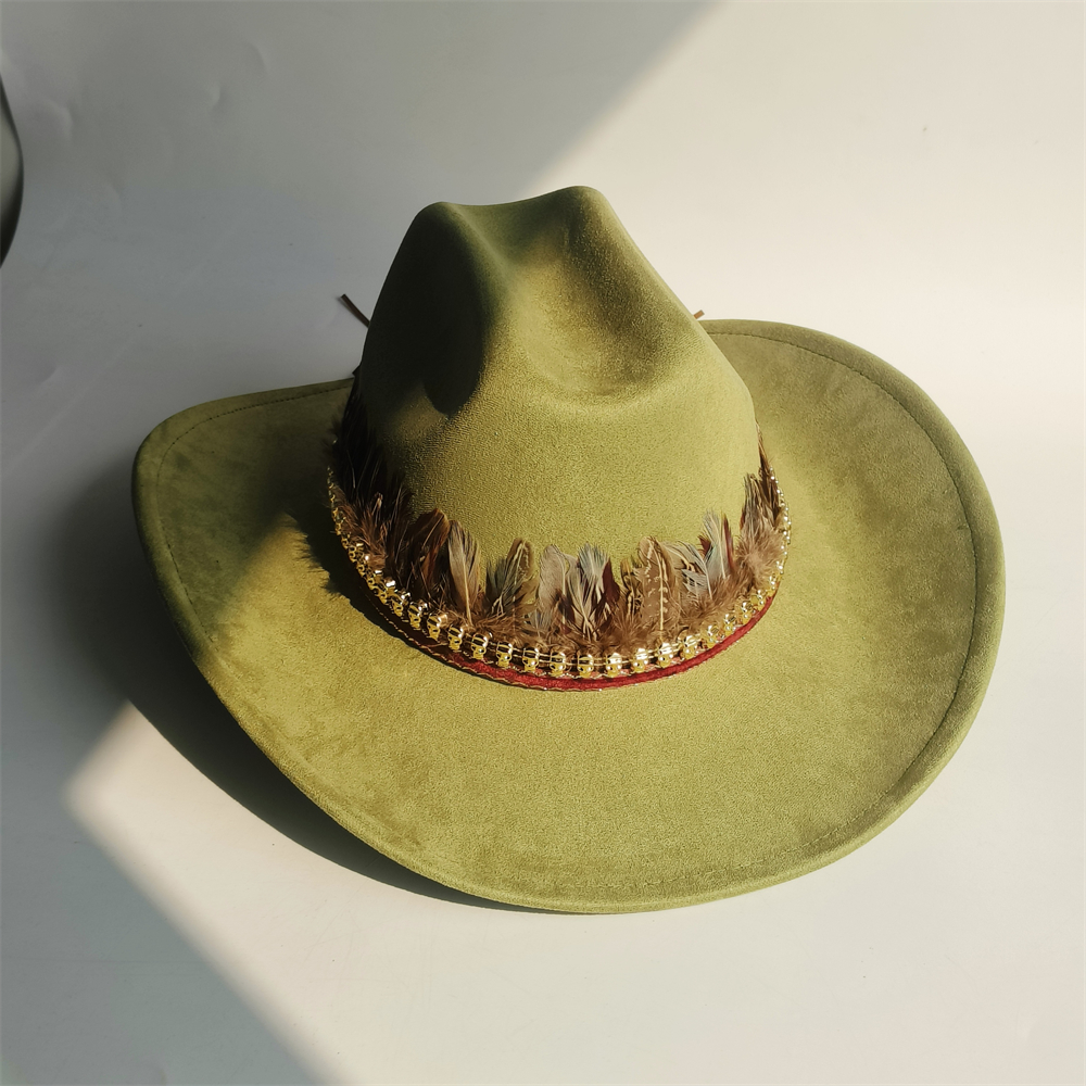 ethnic Vegan Suede Cowboy Hat wide brim feather Cowgirl hat party Western Cowboy hat Cattleman Style knight hat: WHITE