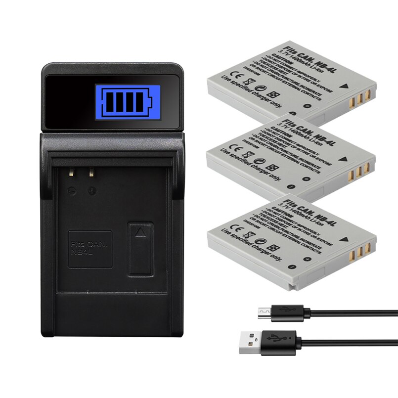 Batería de NB-4L NB4L para Canon IXUS, cargador de 100 mah para modelos 30, 40, 50, 55, 60, 65, 80, 110, I20, 115, 120, 130, 117, 220 IS, 225, 230, 255 y 1400: 1Charger 3Battery