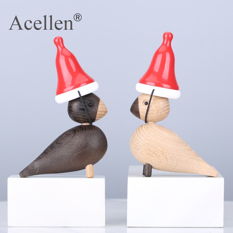 Decoración nórdica figuritas en miniatura de madera animales Lark Bird Songbird ornamentos decoración del hogar juguetes de madera escultura: 1 couple-medium hat