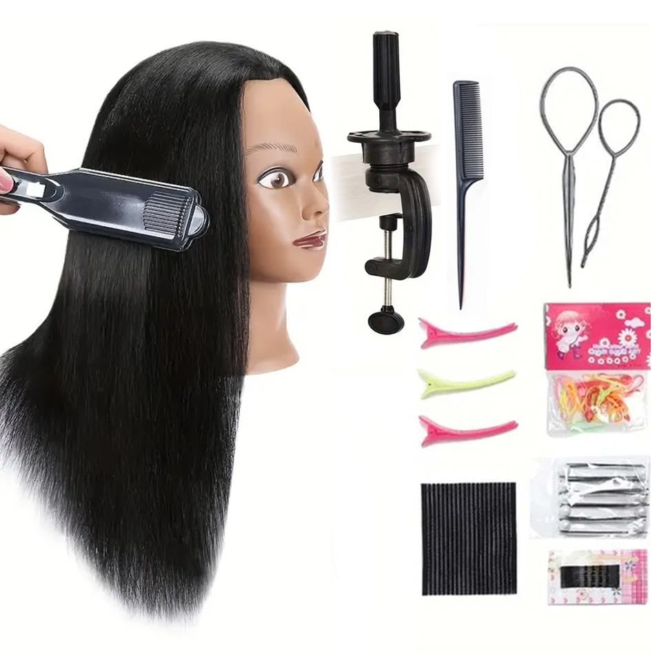 Hair Mannequin Head With Table Clamp Stand Yaki Hair Cosmetology Doll Head For Hairdresser Practice Braiding Training: Beige