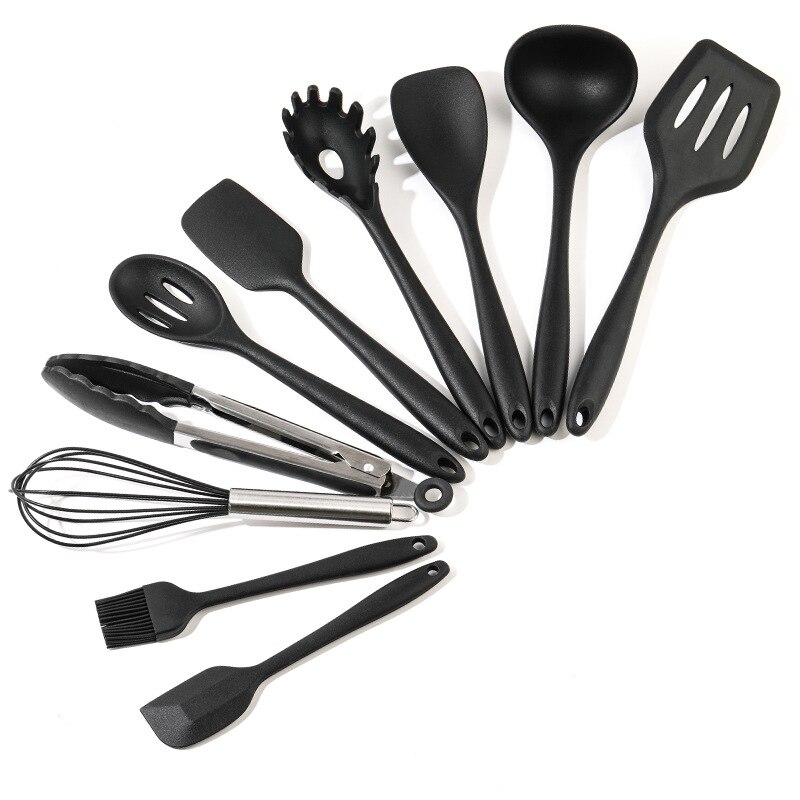10 st silikon köksredskap köksredskap värmebeständigt kök non-stick köksredskap bakverktyg matlagning verktyg paket: 10 st svart
