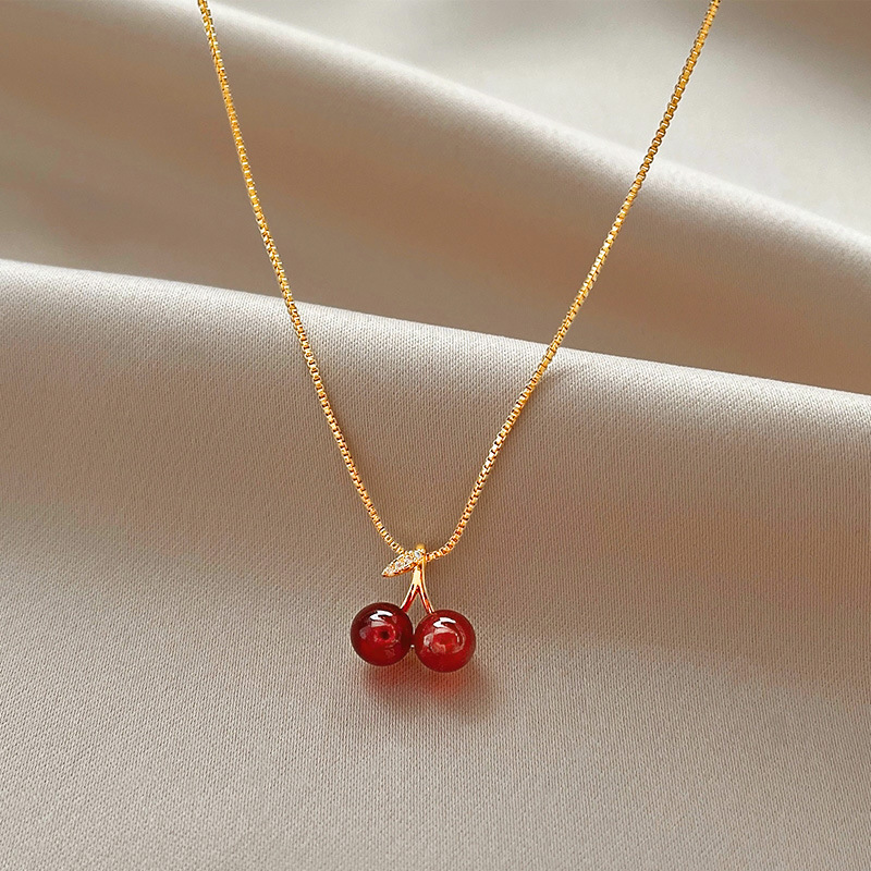 Halsband i rostfritt stål med körsbär, naturstenspärlor, hänge, kedja, kvinnors bröllopsfest, smycken, födelsedag: Rodiumpläterad
