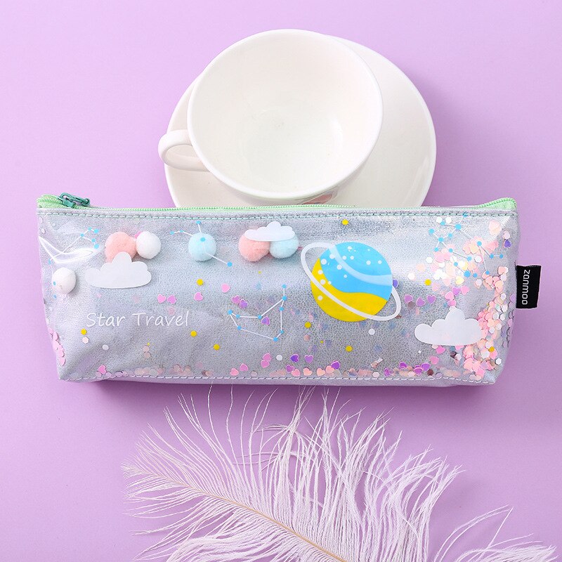 Star Pencil Case Glitter Large Capacity Pencilcase School Pen Makeup Case Supplies Pencil Bag School Box Pencil Pouch Stationery: medium Grey