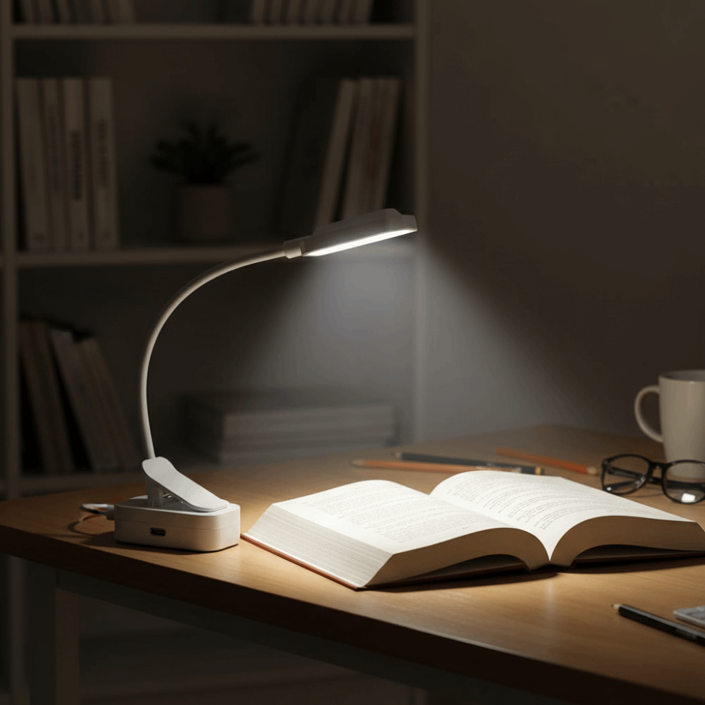 3 standen led-clip leeslamp, traploos dimbaar, flexibele hals, draagbaar, drie kleurtemperaturen, lang indrukken voor aanpassing