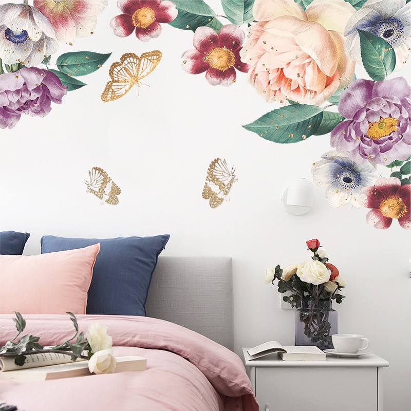 Pegatinas de pared de flores de acuarela creativas para sala de estar, decoración de dormitorio, autoadhesivo extraíble, calcomanías de pared de PVC, decoración de murales artísticos