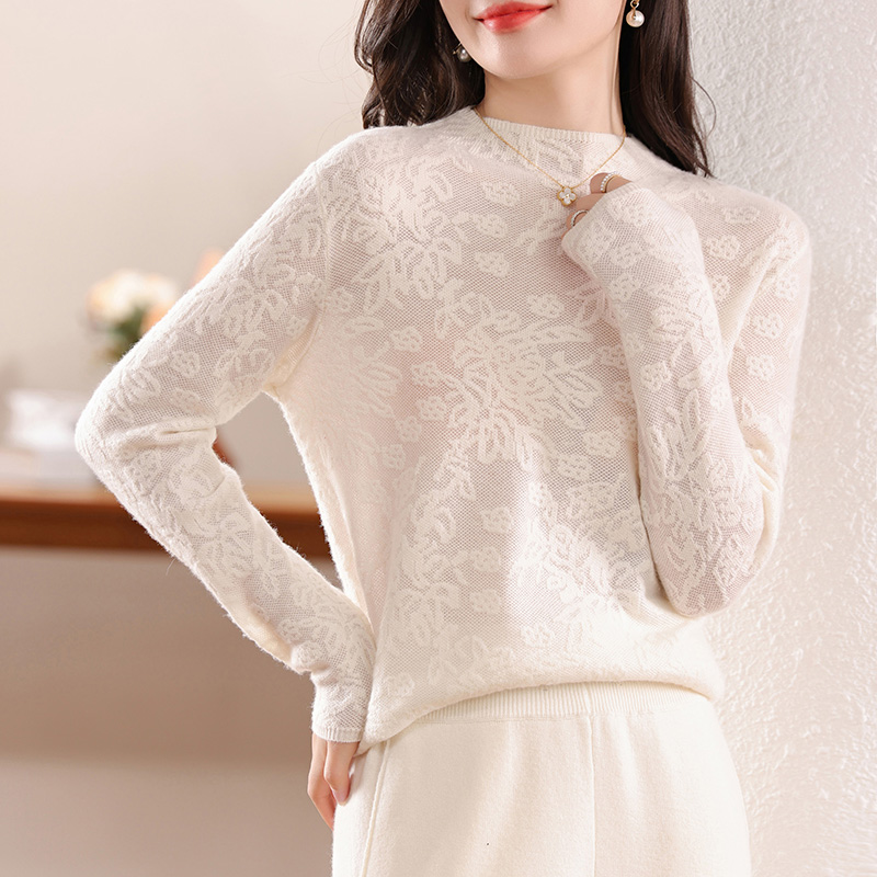 100%  damestrikket genser i merinoull, rund hals, hul, avslappet, moteriktig, varm, , undertøy, høst/vinter: Xl / Elfenben