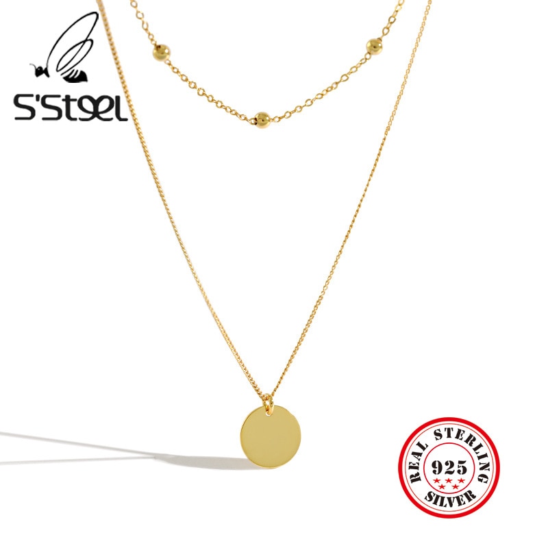S'STEEL Sterling Silver Necklace Round Pendant Beads Chain Layered Choker Cadenas De Plata 925 Mujer Bijoux Femme Jewelry