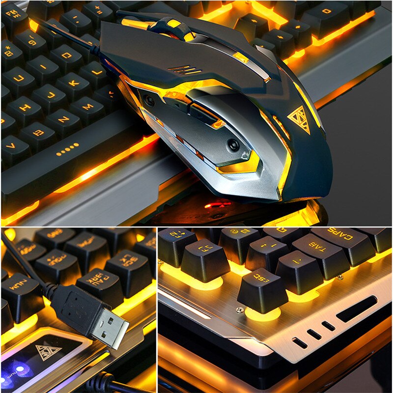 V1 USB Wired Gaming Keyboard Ergonomic Backlit Mechanical Feel and Mouse Set Tungsten Gold Gamer Laptop Computer Gaming Set