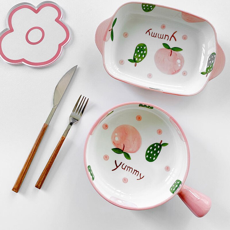 Kawaii Square Baby Plate Sets Dinner Enamel Cutlery Set Cheese Dishes Plate Decoration Vajilla Completa Kitchen Tableware