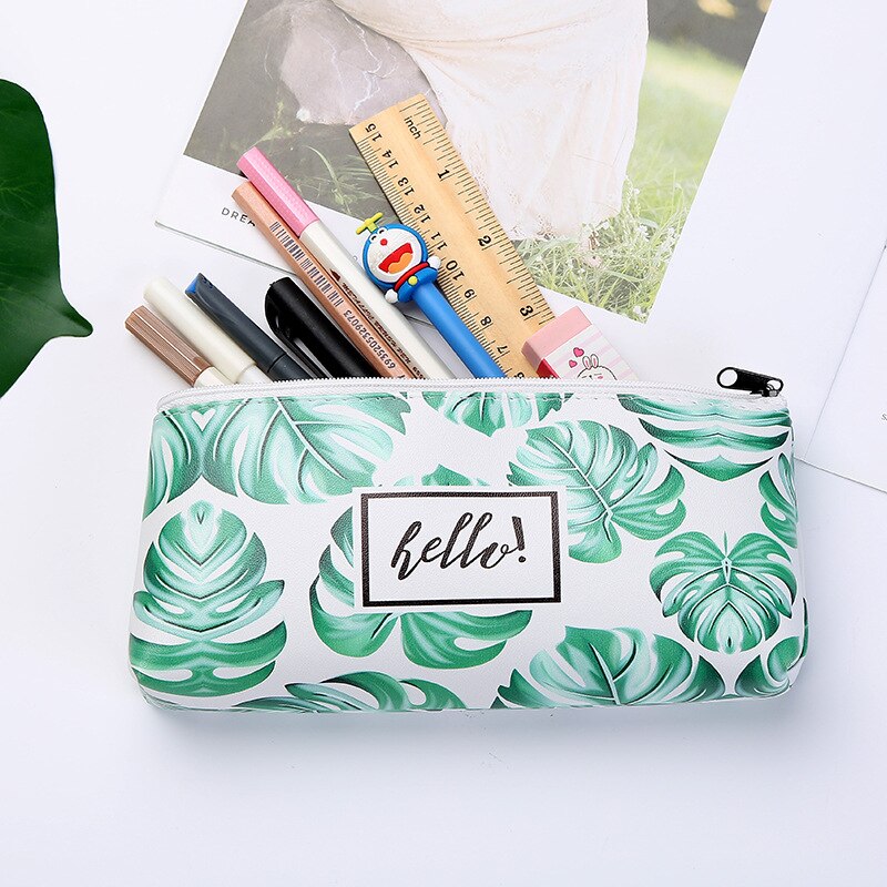 fresh leaves pencil case Waterproof PU pen box school pencil case Stationery box small object storage bag