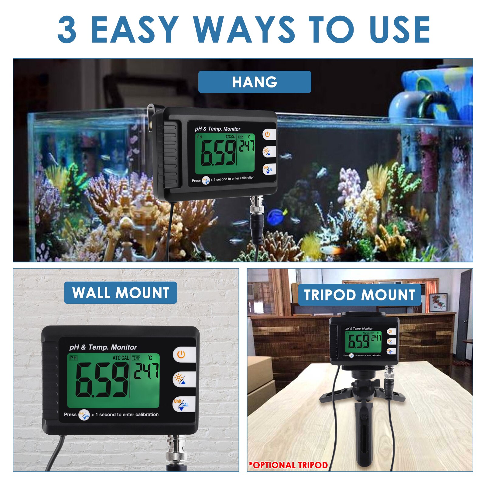 2-In-1 Combo Ph & Temperatuur Meter Aquarium Monitor Thermometer Voor Aquaria Laboratorium W/Vervangbare bnc Ph Elektrode