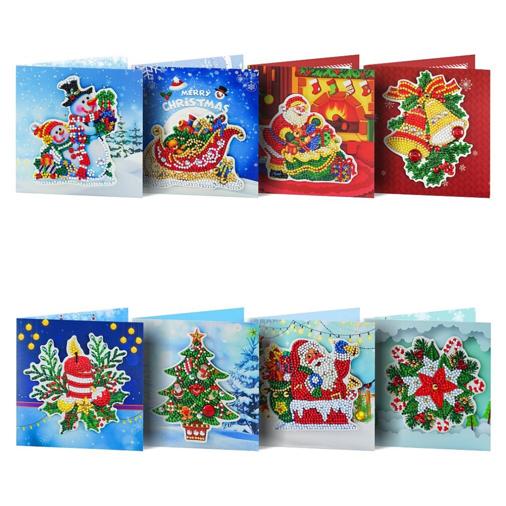 HK101 8pcs Diamond Cards Diy Cross Stitch Cartoon The Christmas Card Diamond Painting Greeting Cards