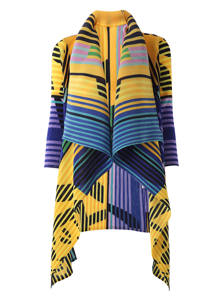Geplooide bedrukte mode casual buitenponcho Miyake grote revers vest middellange sjaal tops zonbeschermende kleding: YELLOW