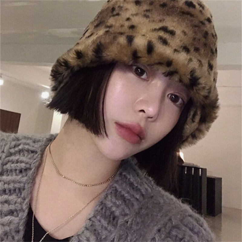 Korea Herfst Winter Vintage Luipaard Pluche Emmer Cap Japanse Zoete En Mooie Visser Hoed Warme Gewatteerde Bekken Cap 56 -58 Cm