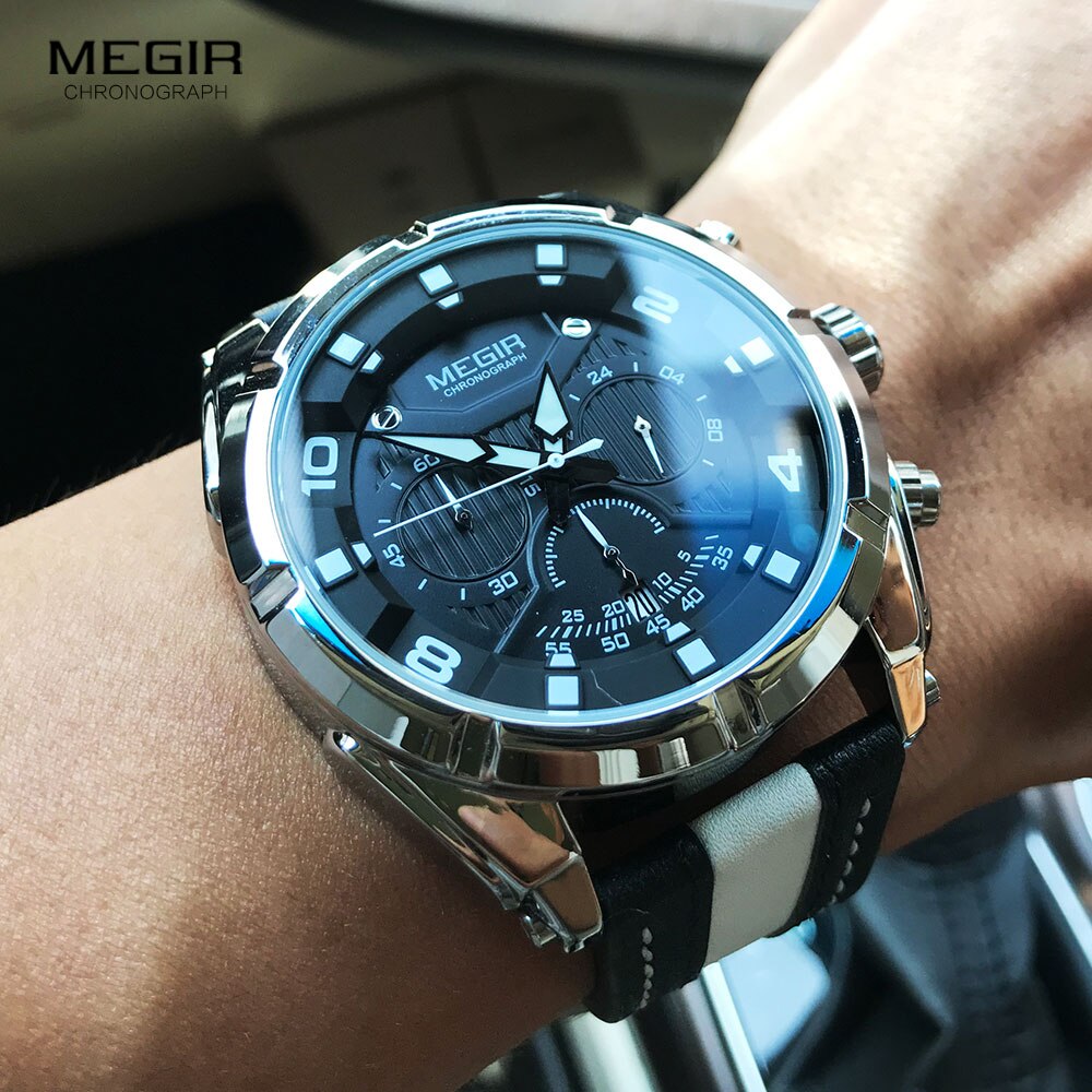 Megir Heren Chronograaf Quartz Horloges Lederen Band Lichtgevende Handen 24-Uur Sport Analoge Horloge Voor Man 2076 wit