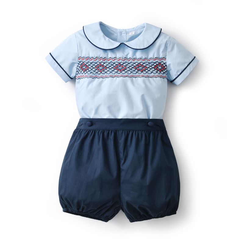 Spaanse Baby Kleding Sets Voor Peuter Jongens Tops Shorts Outfits Baby Boy Gesmokte Suits Kinderen Hand Gemaakt Smokwerk Borduurwerk Set: blue tops set / 3T