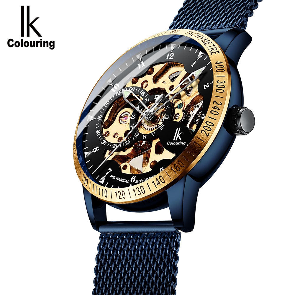 Ik färglägg herrklockor mesh flätat band i rostfritt stål automatisk mekanisk manlig klocka skelett steampunk relogio masculino
