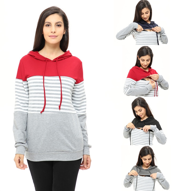 Womens Moederschap Verpleging Top Sweatshirt Lange Mouw Patchwork Rits Pullver Top Kangaroo Pocket Hoodie Zweet voor Zwangere Vrouwen