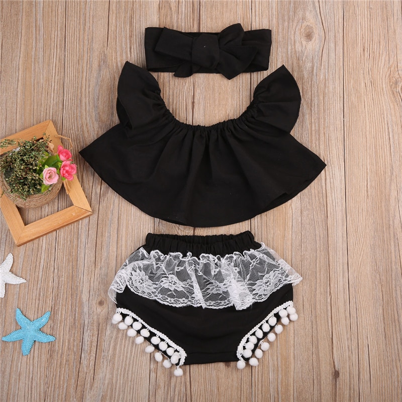 3 stuks baby meisjes ruches off shoulder top tank + kwastjes shorts + hoofdband outfit zonnepak zomerkleding set