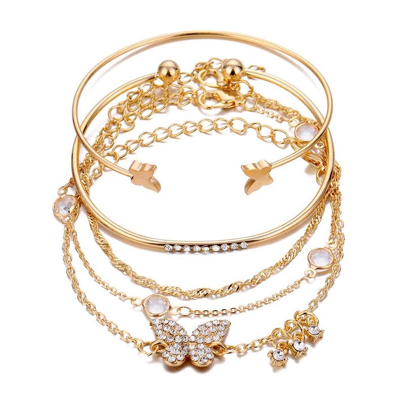 Butterfly Bracelets Female Accessories 5pcs/set Bohemian Elegance Sweet Rhinestone Gold Open Bracelets: Default Title