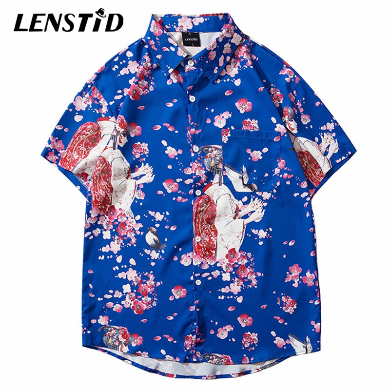 LENSTID Men Hip Hop Cartoon Floral Geisha Printed Hawaiian Shirt Harajuku Streetwear Beach Shirt Summer Short Sleeve Thin Shirts