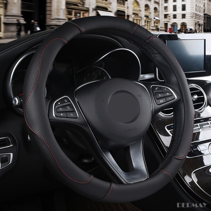 DERMAY Sport Style Contrast Color Non-slip Sweat Good Breathable PU Leatherette 15 Inch Car Steering Wheel Cover