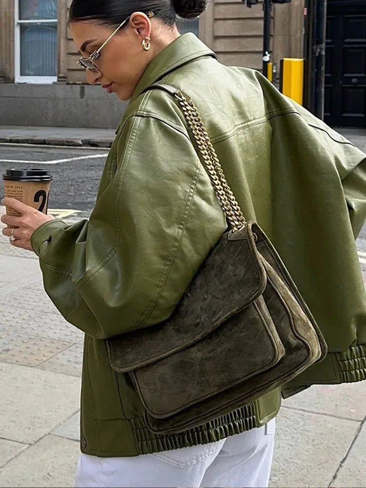 Groene mode oversized rits dames leren jas elegante kraag lange mouw casual jas dame chique losse streetwear