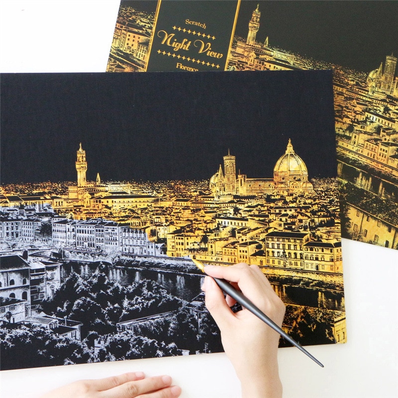 monde célèbre ville nuit scène croquis dessin rayure dessin livre Art croquis planche à dessin enfants d'anniversaire