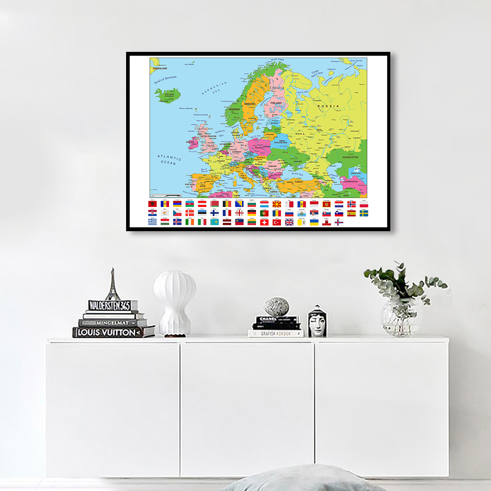 84*59cm The Europe Map with National Flags Wall Art Poster Canvas Painting Classroom Home Decoration Kids School Supplies