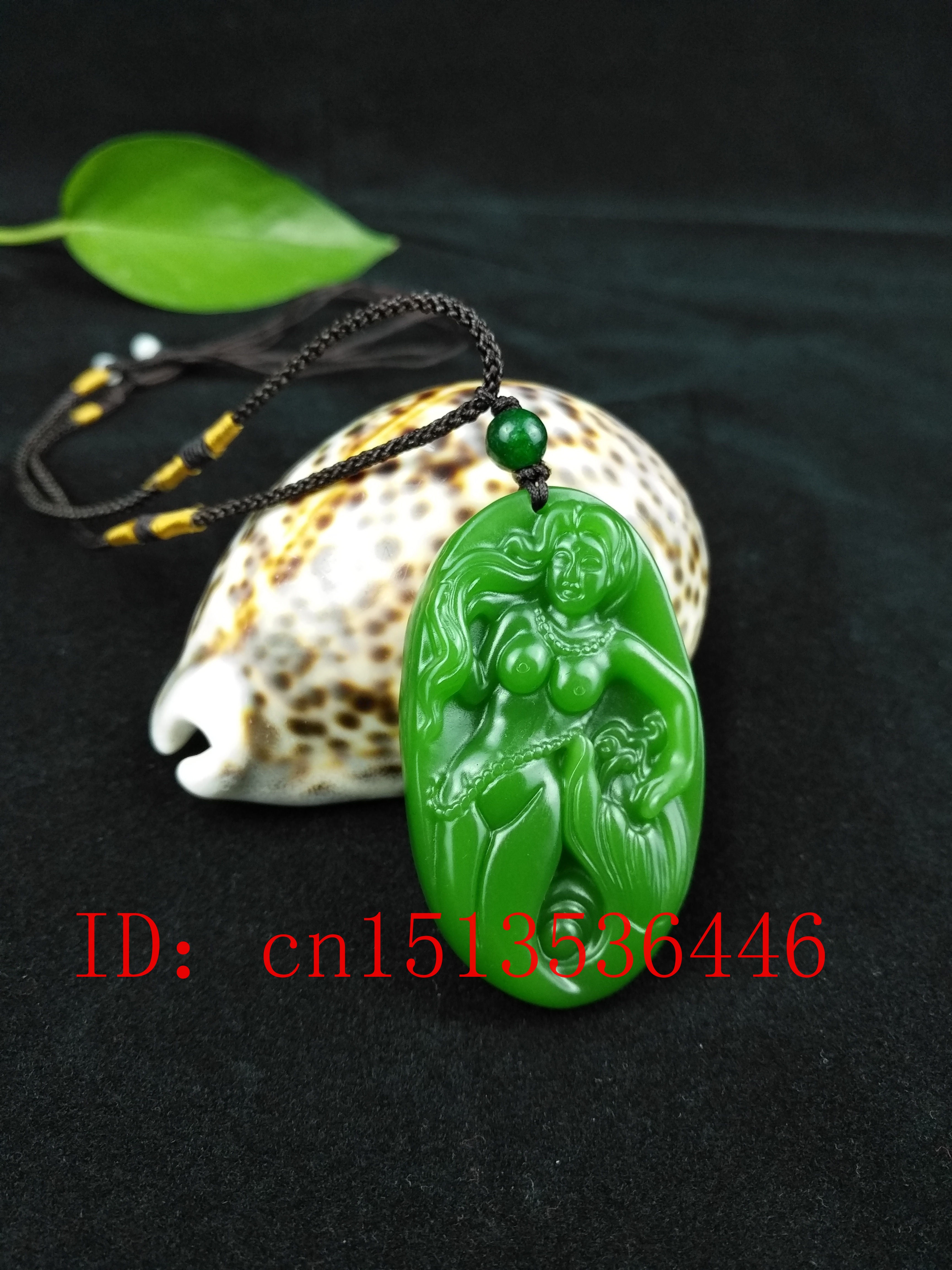 Chinois vert Jade sirène pendentif perles breloque collier bijoux accessoires de sculpté à la main hommes chanceux amulette chaude