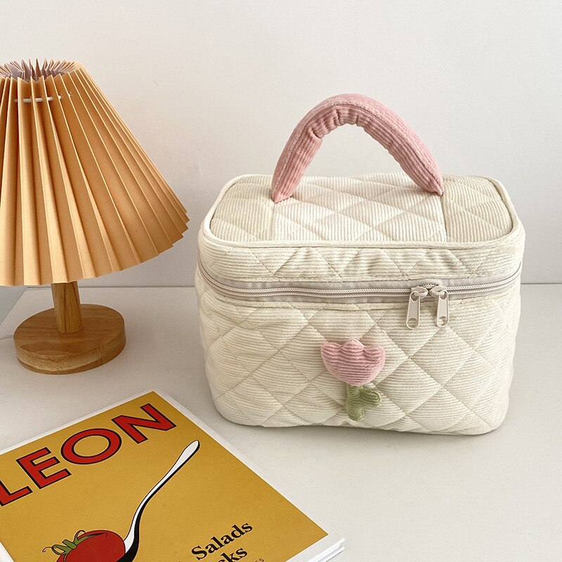 PURDORED 1 Pc borsa per trucco fiore tinta unita cerniera grande borsa cosmetica in velluto a coste morbido viaggio femminile trucco organizzatore Beauty Case: white-L