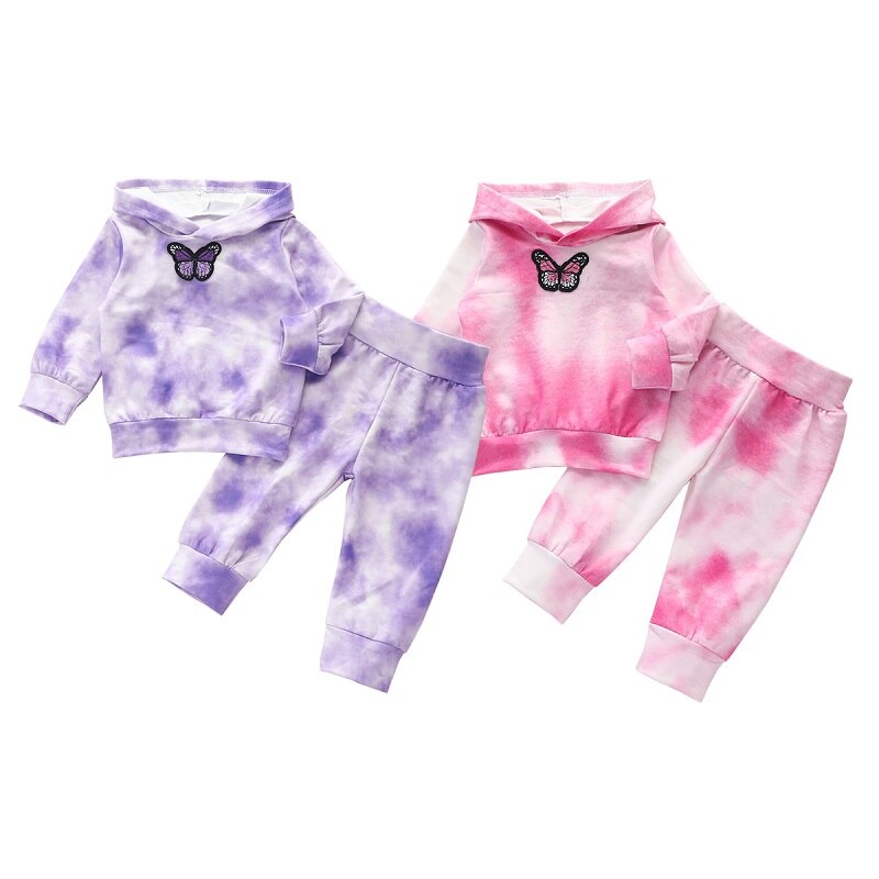 Ensemble 2 pièces pour bébés filles, vêtements à la pour l'automne, broderie papillon avec teinture à manches longues, sweat-shirt + pantalon pour bébés