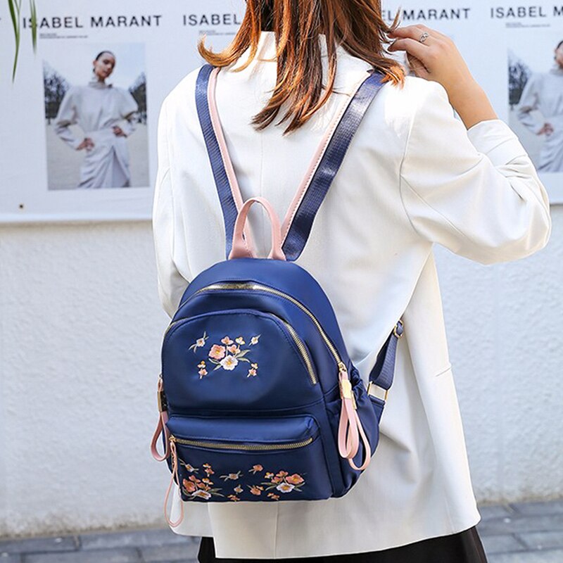 Litthing Waterproof Nylon Women Backpack Zipper Oxford School Bags For Girls Flower Embroidered Backpack Female Rucksack: blue