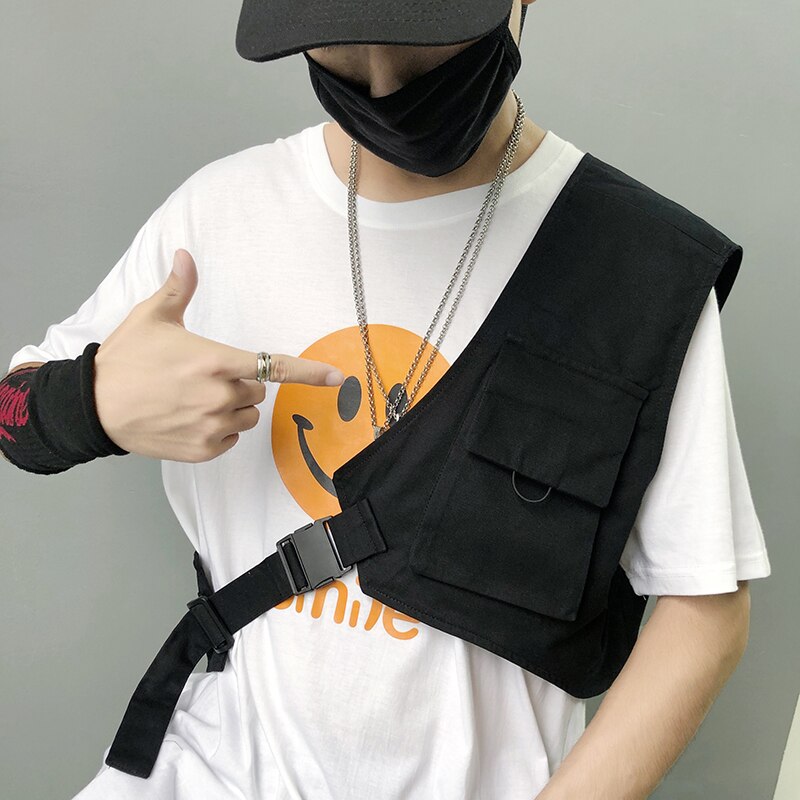 Style coréen personnalité hommes hip hop cargo gilet asymétrique homme vintage streetwear gilet sans manches veste
