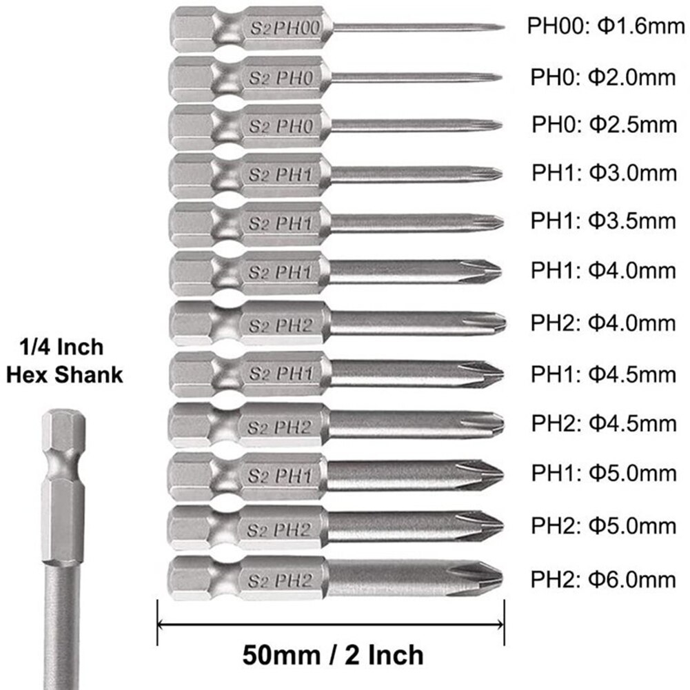 Adaptateur de douille à Impact pour outils électriques, embouts de tournevis cruciforme à tige hexagonale magnétique S2 en acier allié PH 50mm 1/4 pouces 12 pièces