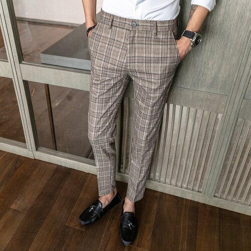 British Formal Suit Pants Men's Brown Classic Plaid Suit Pants Men's Casual Business Slim Office Work Pants Pants: Khaki / 33